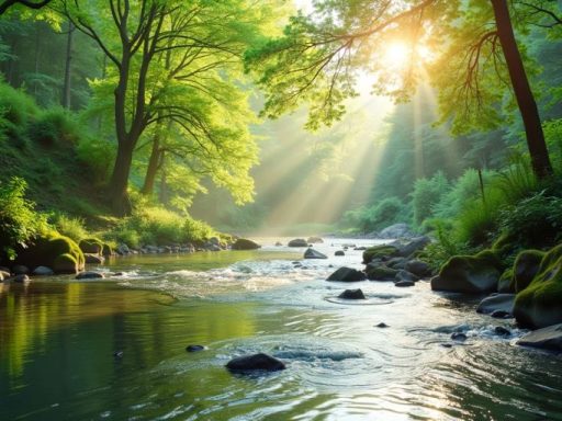 Paesaggio sereno con fiume e foresta verde