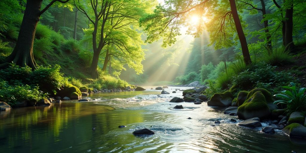 Paesaggio sereno con fiume e foresta verde