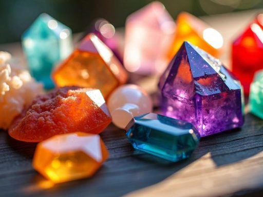 Vari cristalli colorati su una superficie di legno.