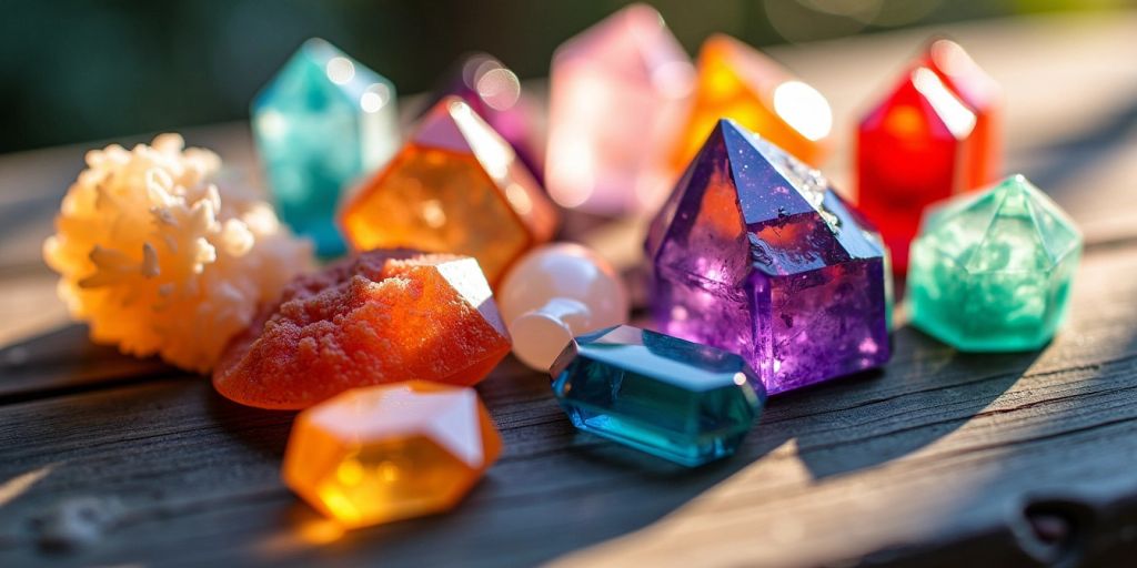 Vari cristalli colorati su una superficie di legno.