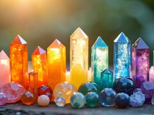 Disposizione di cristalli colorati su sfondo naturale.