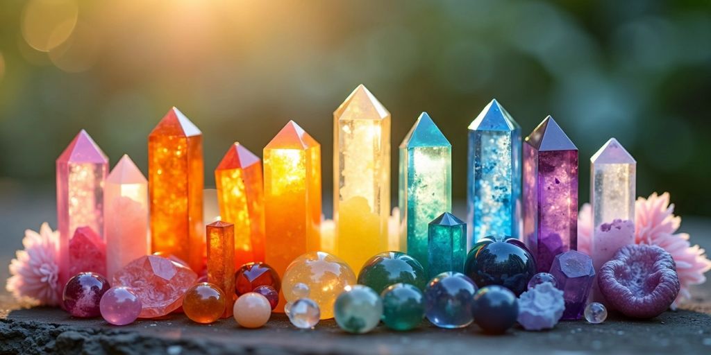 Disposizione di cristalli colorati su sfondo naturale.