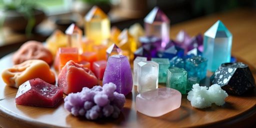 Collezione di cristalli su un tavolo di legno