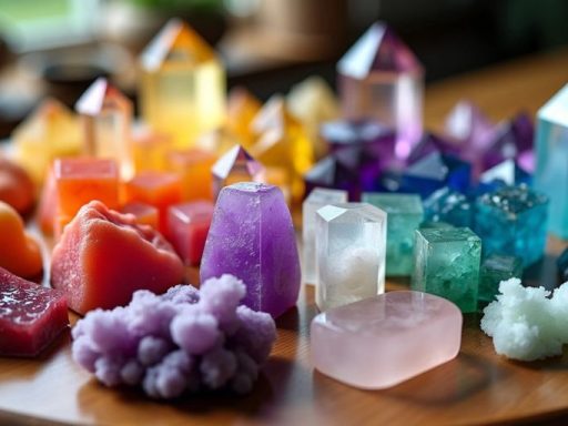 Collezione di cristalli su un tavolo di legno