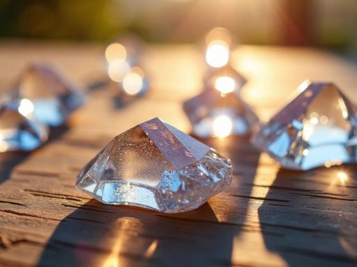 Prismi di cristallo brillanti su una superficie di legno.