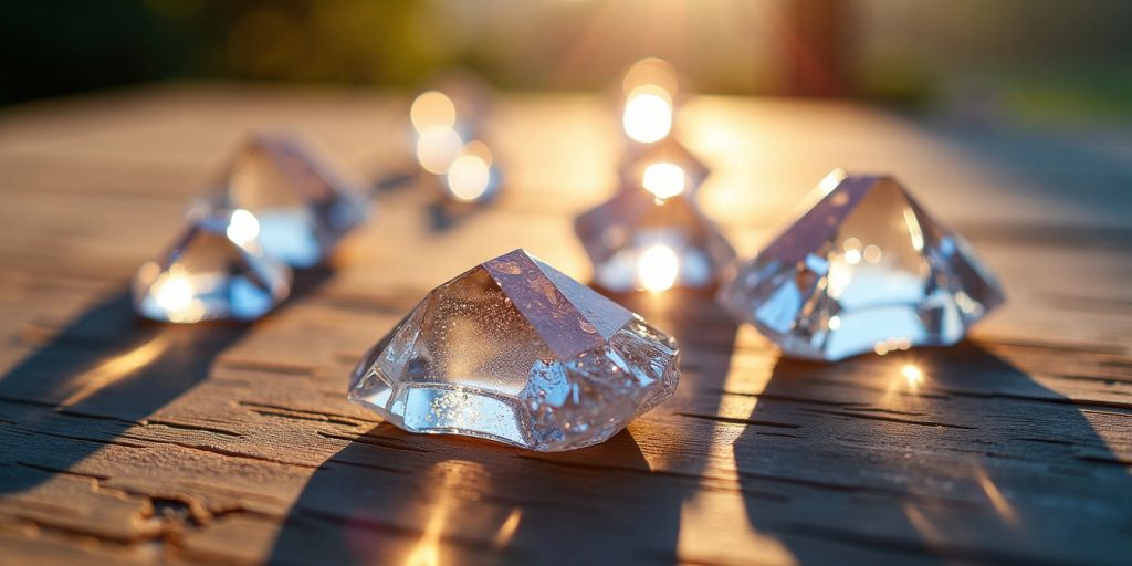 Prismi di cristallo brillanti su una superficie di legno.
