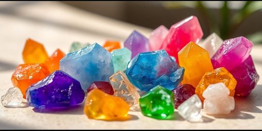 Cristalli colorati su una superficie liscia con luce naturale.