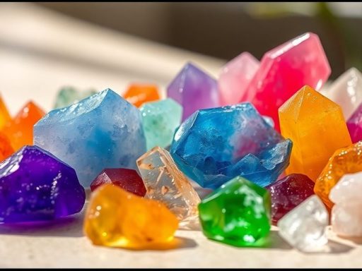 Cristalli colorati su una superficie liscia con luce naturale.