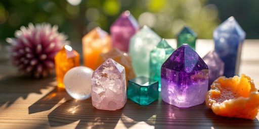 Cristalli colorati su un tavolo di legno