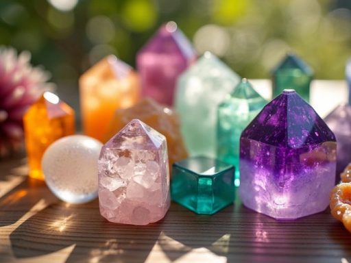 Cristalli colorati su un tavolo di legno