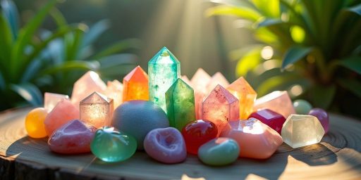 Cristalli colorati su sfondo naturale.