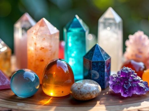 Disposizione di cristalli colorati su una superficie di legno.