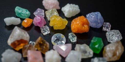 Varie pietre colorate disposte su una superficie scura.