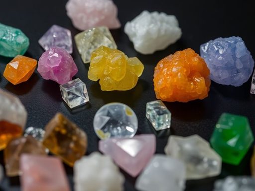 Varie pietre colorate disposte su una superficie scura.