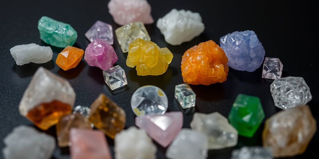 Varie pietre colorate disposte su una superficie scura.