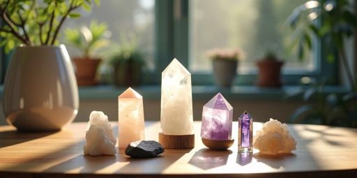 Cristalli su un tavolo di legno con luce naturale