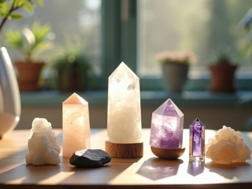 Cristalli su un tavolo di legno con luce naturale