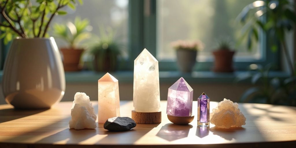 Cristalli su un tavolo di legno con luce naturale