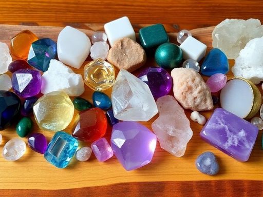Varie pietre e cristalli su una superficie di legno.