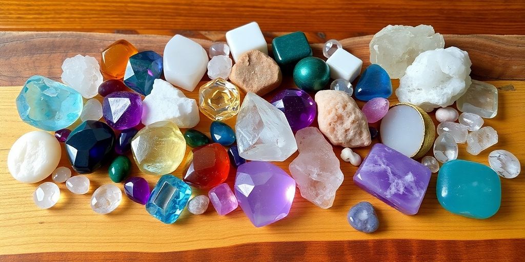 Varie pietre e cristalli su una superficie di legno.