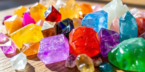 Varie cristalli colorati su una superficie di legno.