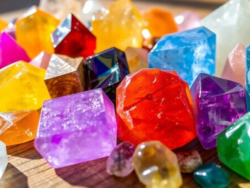 Varie cristalli colorati su una superficie di legno.