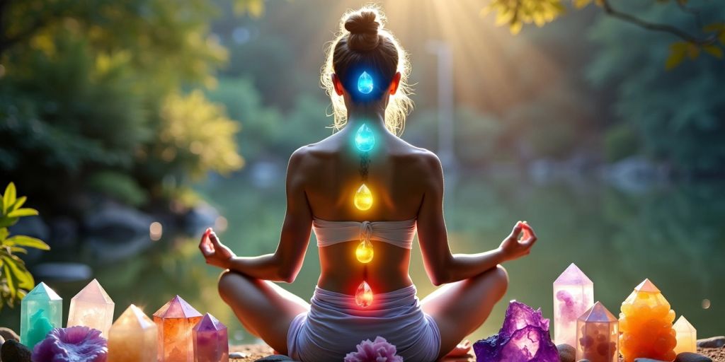 Persona che medita con cristalli colorati