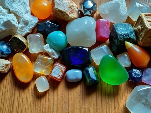 Collezione di cristalli e pietre su superficie di legno.