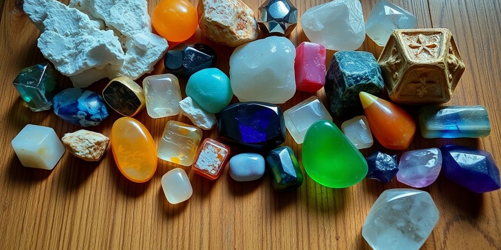 Collezione di cristalli e pietre su superficie di legno.