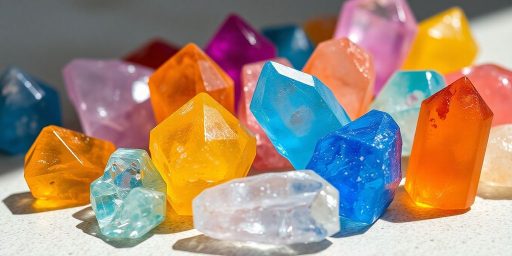 Primo piano di cristalli colorati su una superficie liscia.