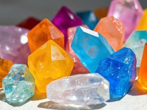 Primo piano di cristalli colorati su una superficie liscia.