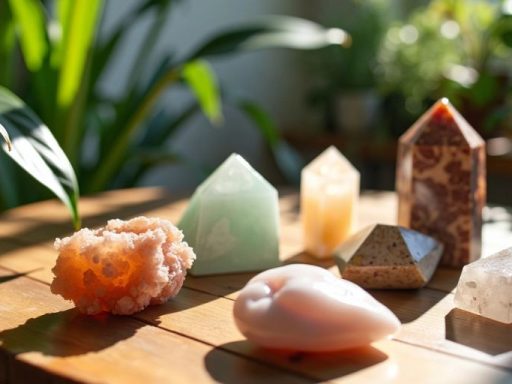 Cristalli curativi su un tavolo di legno