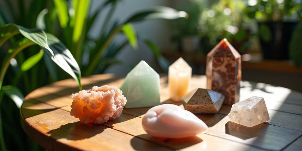 Cristalli curativi su un tavolo di legno