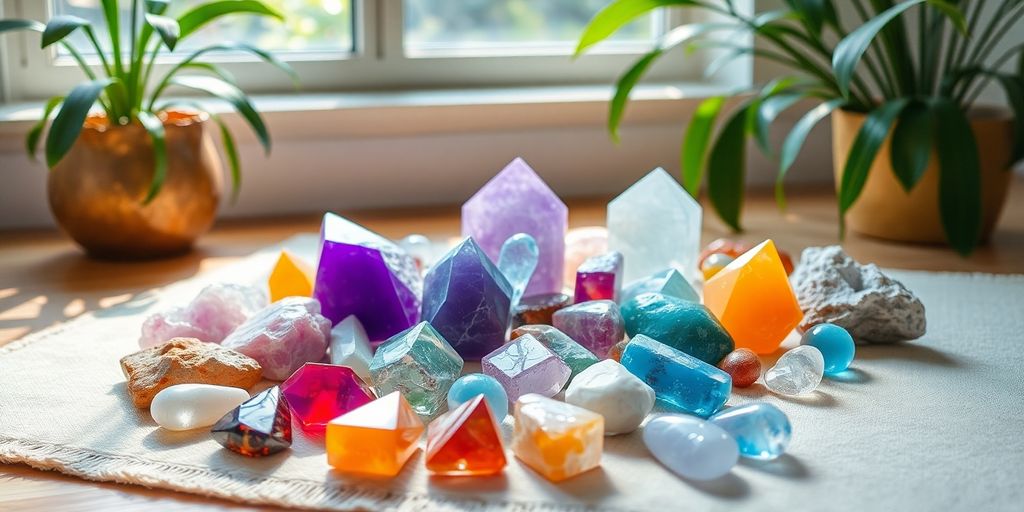 Spazio di meditazione con cristalli colorati e piante verdi.