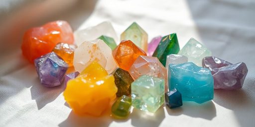 Disposizione di cristalli colorati su un tessuto naturale.