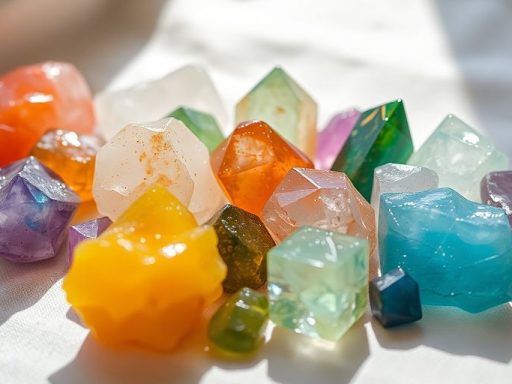 Disposizione di cristalli colorati su un tessuto naturale.