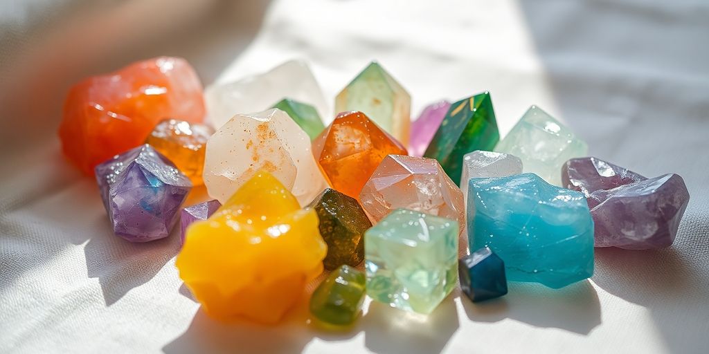 Disposizione di cristalli colorati su un tessuto naturale.