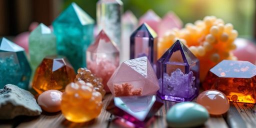 Cristalli colorati su un tavolo di legno
