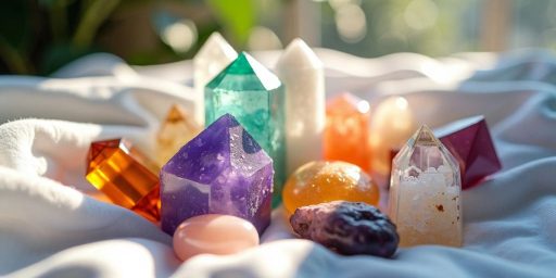 Cristalli colorati su tessuto bianco