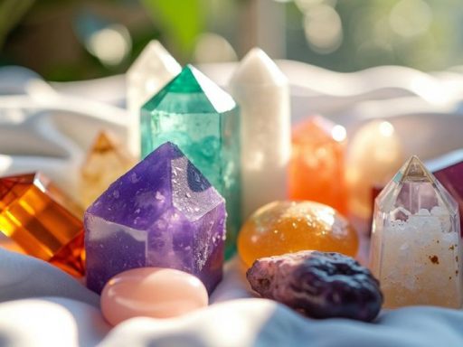 Cristalli colorati su tessuto bianco