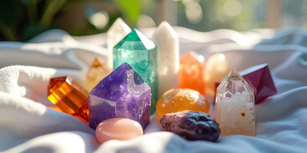 Cristalli colorati su tessuto bianco