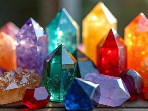 Collezione di cristalli colorati su una superficie di legno.