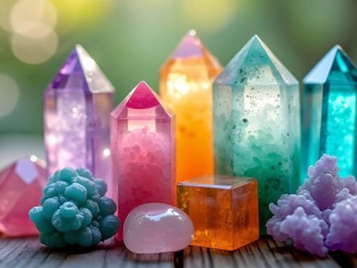 Cristalli colorati su una superficie di legno