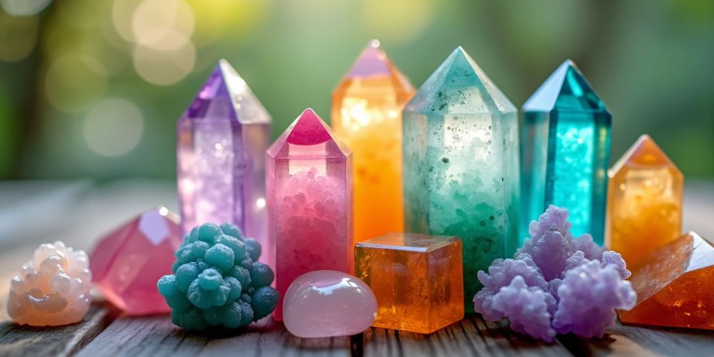 Cristalli colorati su una superficie di legno