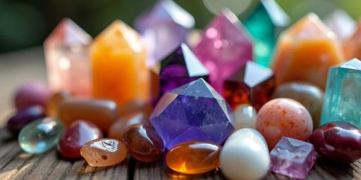 Cristalli colorati su superficie di legno