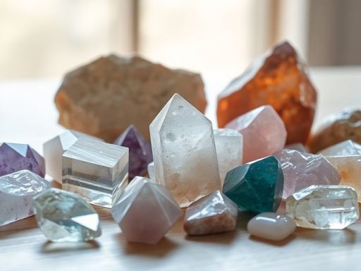 Cristalli colorati su superficie di legno.