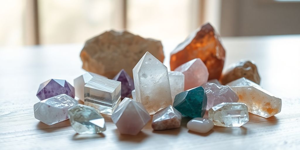 Cristalli colorati su superficie di legno.