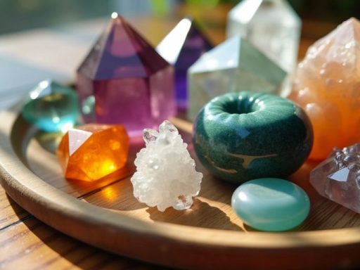 Cristalli curativi su superficie di legno