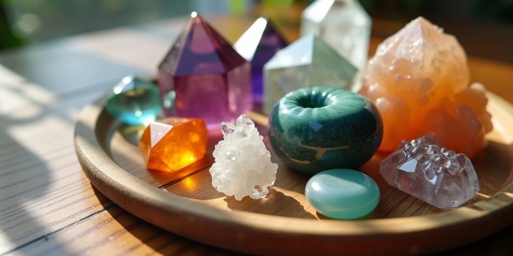 Cristalli curativi su superficie di legno