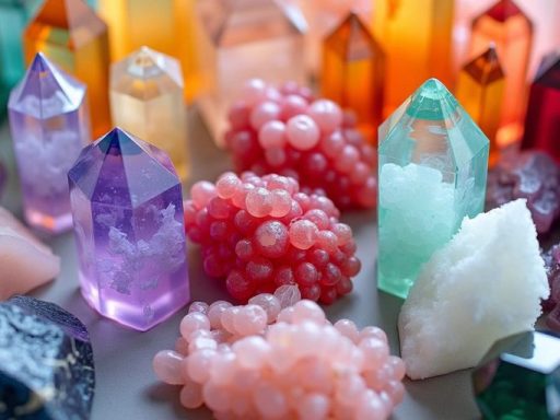 Varie pietre colorate disposte su uno sfondo neutro.